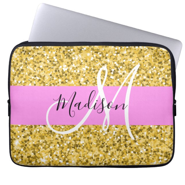 Glam Pink and Gold Glitter Sparkles Monogram Name Laptop Sleeve (Front)