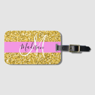 Glam Pink and Gold Glitter Sparkles Monogram Name Luggage Tag