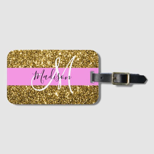 Glam Pink and Gold Glitter Sparkles Monogram Name Luggage Tag