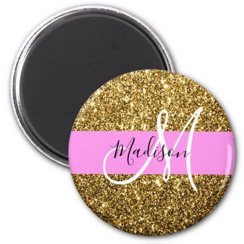 Glam Pink and Gold Glitter Sparkles Monogram Name Magnet