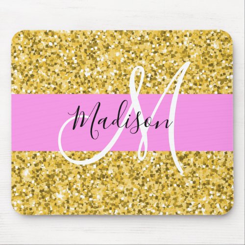 Glam Pink and Gold Glitter Sparkles Monogram Name Mouse Pad