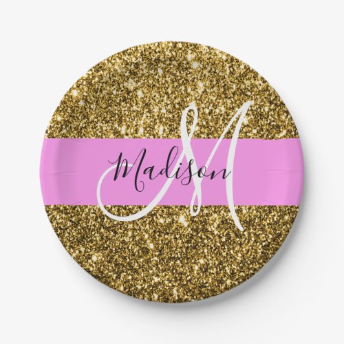Glam Pink and Gold Glitter Sparkles Monogram Name Paper Plates