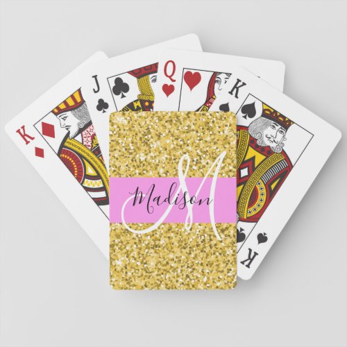 Glam Pink and Gold Glitter Sparkles Monogram Name Poker Cards