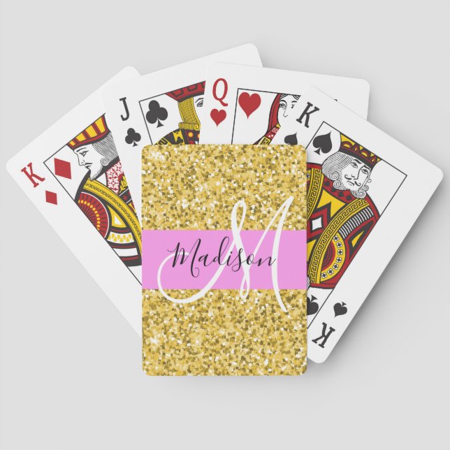 Glam Pink and Gold Glitter Sparkles Monogram Name Poker Cards (Back)