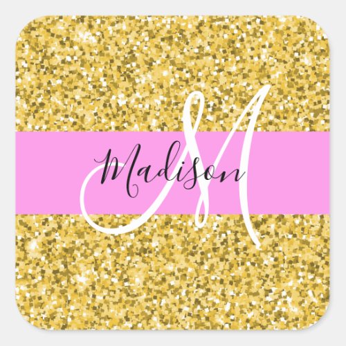 Glam Pink and Gold Glitter Sparkles Monogram Name Square Sticker