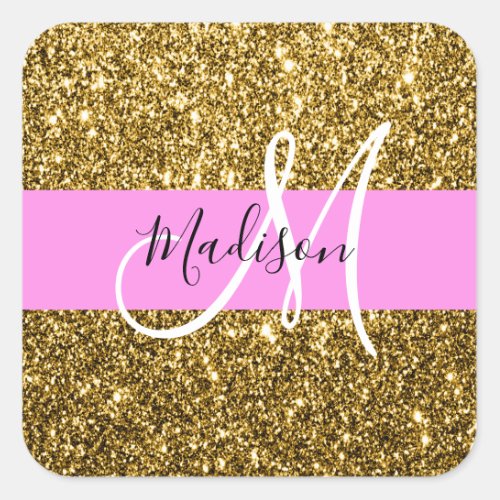 Glam Pink and Gold Glitter Sparkles Monogram Name Square Sticker