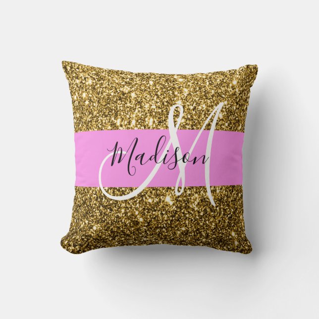 Glam Pink and Gold Glitter Sparkles Monogram Name Throw Pillow (Front)