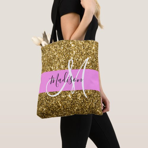 Glam Pink and Gold Glitter Sparkles Monogram Name Tote Bag