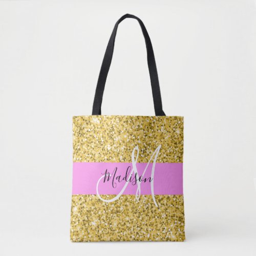 Glam Pink and Gold Glitter Sparkles Monogram Name Tote Bag