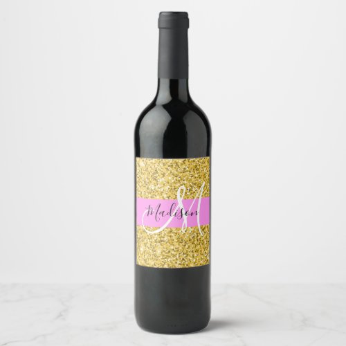 Glam Pink and Gold Glitter Sparkles Monogram Name Wine Label