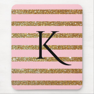 Glam Pink and Gold Striped Monogrammed Mouse Pad