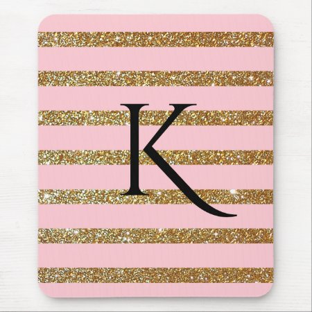 Glam Pink And Gold Striped Monogrammed Mouse Pad