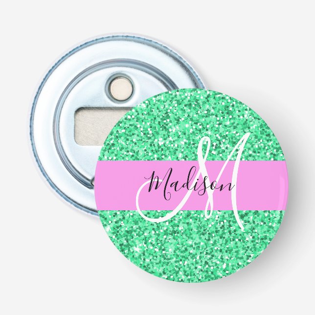 Glam Pink and Green Glitter Sparkles Monogram Name Bottle Opener (Front)