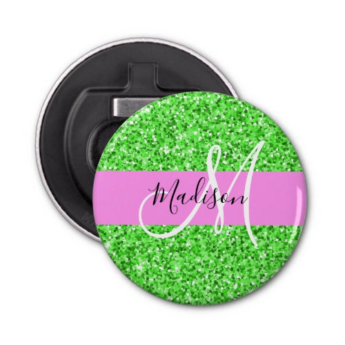 Glam Pink and Green Glitter Sparkles Monogram Name Bottle Opener