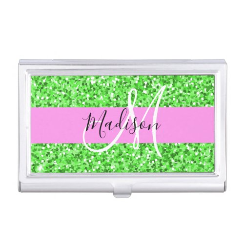 Glam Pink and Green Glitter Sparkles Monogram Name Business Card Case