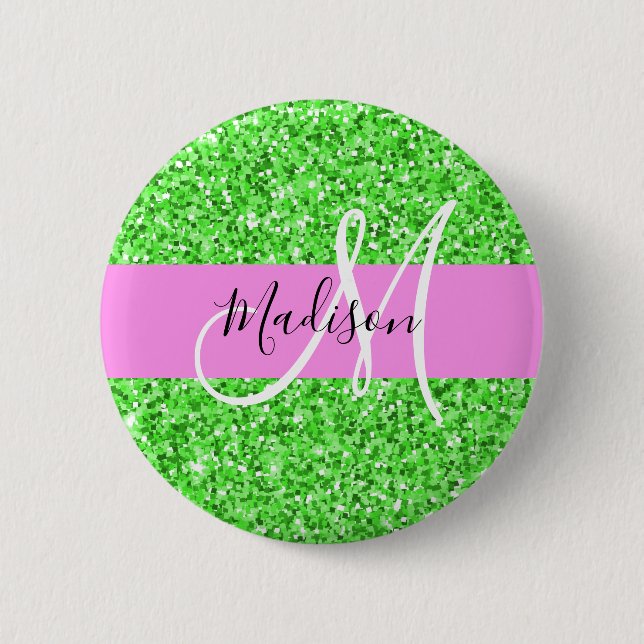 Glam Pink and Green Glitter Sparkles Monogram Name Button (Front)