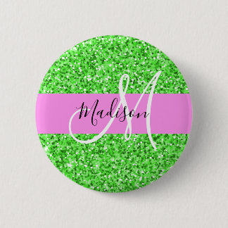 Glam Pink and Green Glitter Sparkles Monogram Name Button