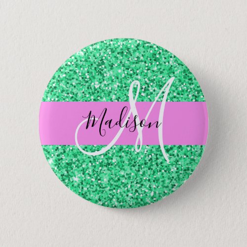 Glam Pink and Green Glitter Sparkles Monogram Name Button