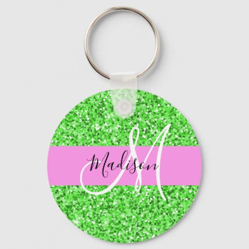 Glam Pink and Green Glitter Sparkles Monogram Name Keychain