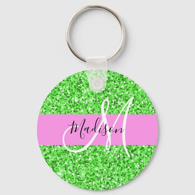 Glam Pink and Green Glitter Sparkles Monogram Name Keychain (Front)