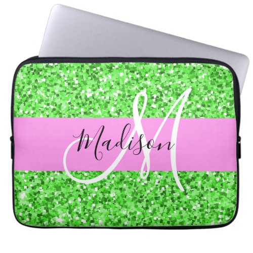 Glam Pink and Green Glitter Sparkles Monogram Name Laptop Sleeve