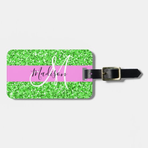 Glam Pink and Green Glitter Sparkles Monogram Name Luggage Tag