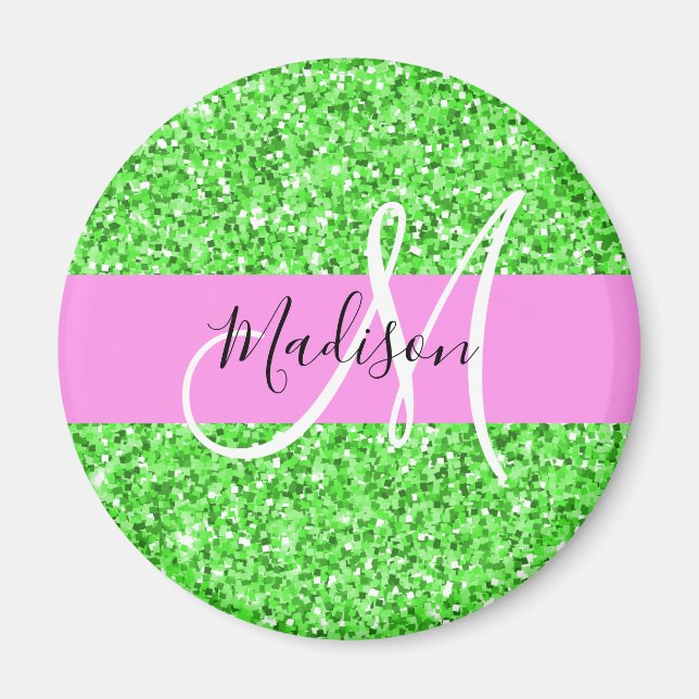 Glam Pink and Green Glitter Sparkles Monogram Name Magnet (Front)