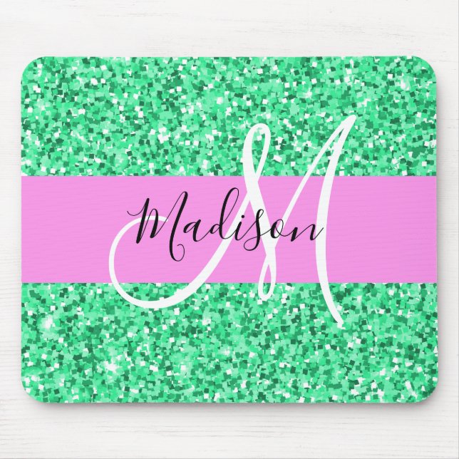 Glam Pink and Green Glitter Sparkles Monogram Name Mouse Pad (Front)