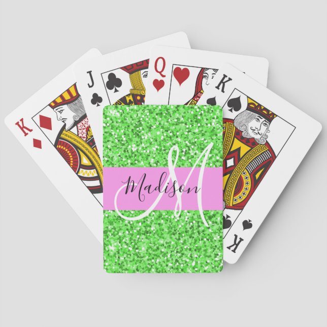 Glam Pink and Green Glitter Sparkles Monogram Name Poker Cards (Back)