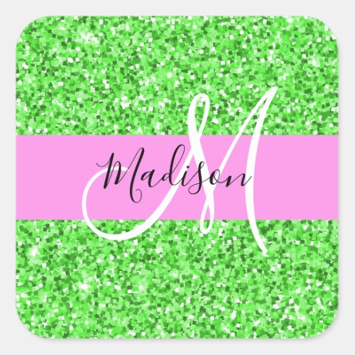 Glam Pink and Green Glitter Sparkles Monogram Name Square Sticker