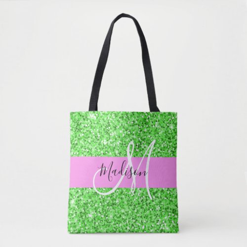 Glam Pink and Green Glitter Sparkles Monogram Name Tote Bag