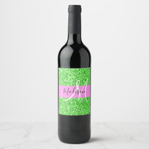 Glam Pink and Green Glitter Sparkles Monogram Name Wine Label