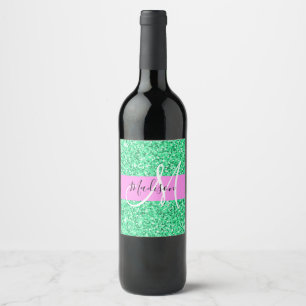 Glam Pink and Green Glitter Sparkles Monogram Name Wine Label
