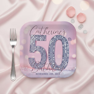 Glam Pink and Silver Sequin 50th Birthday Party  Paper Plates