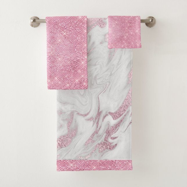 Glam Pink and White Marbled Bath Towel Set (Insitu)