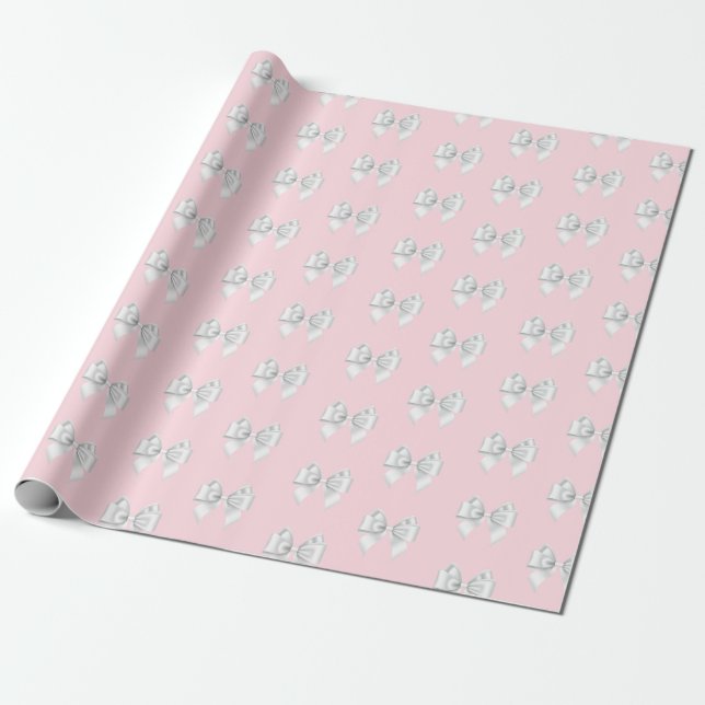 Glam Pink Aqua Blue Tiffany Theme White Bow Wrapping Paper (Unrolled)