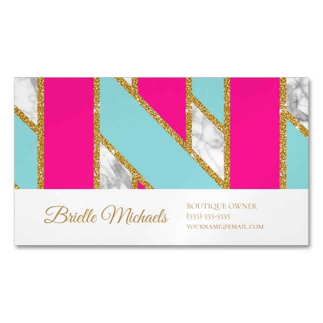 Glam Pink & Aqua Boutique | Gold Glitter Style Business Card Magnet (Front)