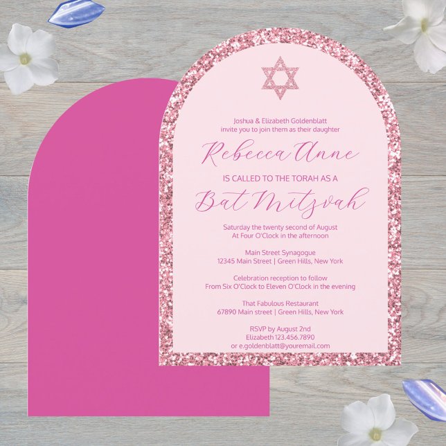 Glam Pink Arch Traditional Elegant Bat Mitzvah Invitation (Arched shaped Bat Mitzvah invitations in pink glam with faux glitter details)