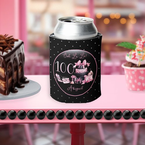 Glam Pink Black Fashion 100th Birthday Party Can Cooler