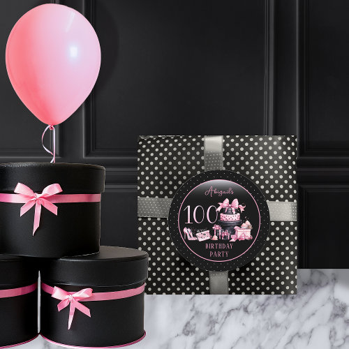 Glam Pink Black Fashion 100th Birthday Party Classic Round Sticker