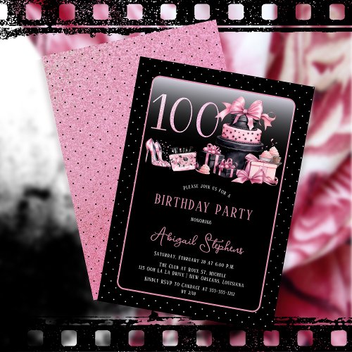 Glam Pink Black Fashion 100th Birthday Party Invitation