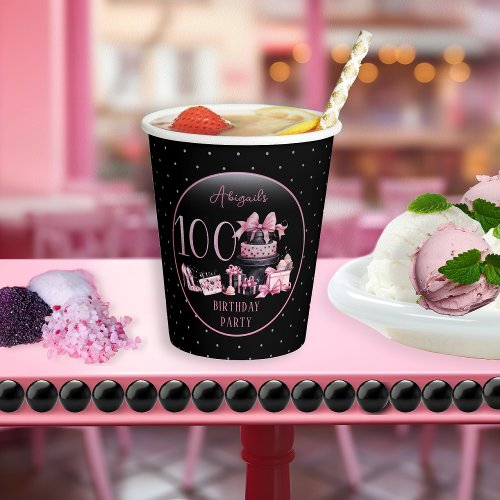 Glam Pink Black Fashion 100th Birthday Party Paper Cups