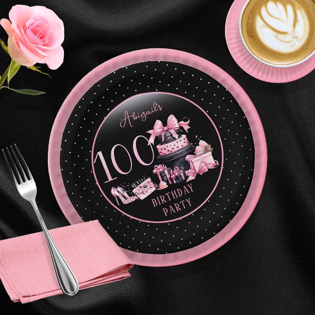Glam Pink Black Fashion 100th Birthday Party Paper Plates (Glam Pink and Black French Couture Fashion 100th Birthday Party Paper Plates)