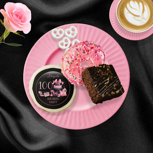 Glam Pink Black Fashion 100th Birthday Party Sugar Cookie