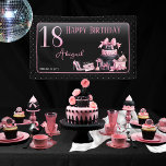 Glam Pink Black Fashion 18th Birthday Party Banner<br><div class="desc">Glamorous French couture-inspired,  pink and black "18" 18th birthday design featuring a hat box cake,  pink stilettos and a makeup bag among various unopened birthday presents and luscious cupcakes.  Perfect for celebrating birthday occasions.  Age is created in an uneditable faux pink glitter font.</div>