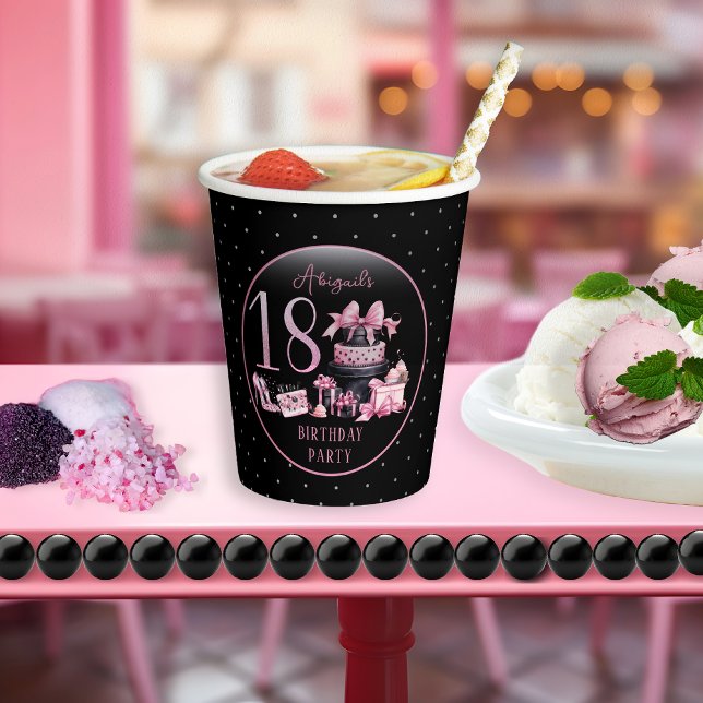 Glam Pink Black Fashion 18th Birthday Party Paper Cups (Glam Pink and Black French Couture Fashion 18th Birthday Party Paper Cups)