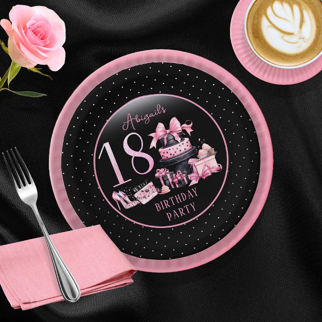 Glam Pink Black Fashion 18th Birthday Party Paper Plates (Glam Pink and Black French Couture Fashion 18th Birthday Party Paper Plates)