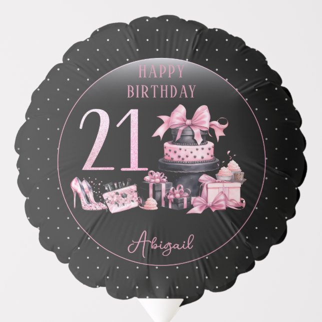 Glam Pink Black Fashion 21st Birthday Party Balloon (Front)