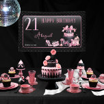 Glam Pink Black Fashion 21st Birthday Party Banner<br><div class="desc">Glamorous French couture-inspired,  pink and black "21" 21st birthday design featuring a hat box cake,  pink stilettos and a makeup bag among various unopened birthday presents and luscious cupcakes.  Perfect for celebrating birthday occasions.  Age is created in an uneditable faux pink glitter font.</div>