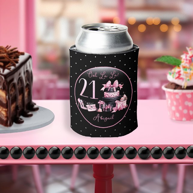 Glam Pink Black Fashion 21st Birthday Party Can Cooler (Glam Pink and Black French Couture Fashion 21st Birthday Party Can Cooler)
